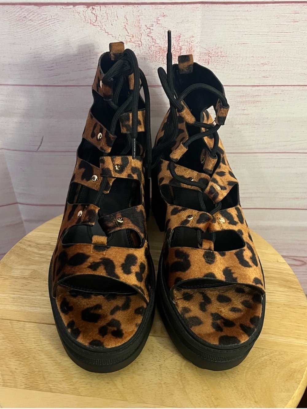 ASOS Animal Print Sergio Lace Up Open Toe Chunky Platform Heel Boot‎  Size 7